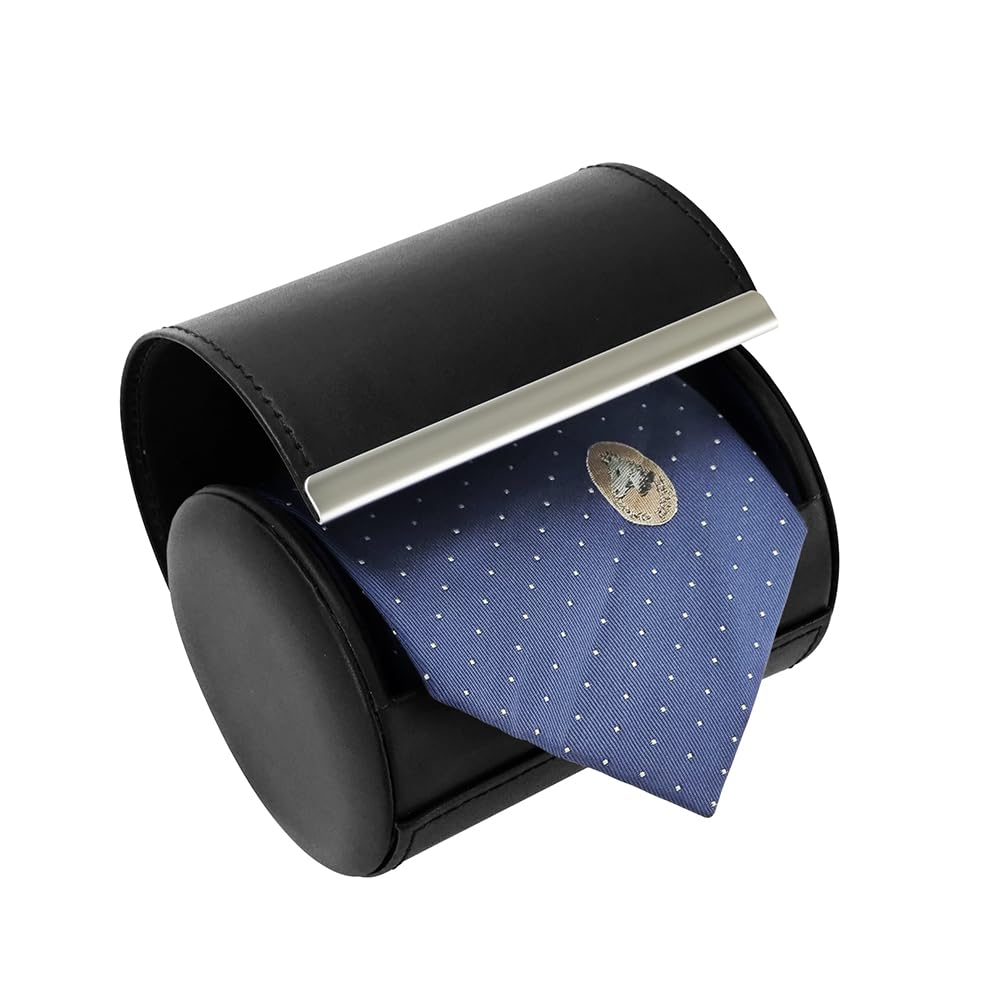 BALITIOYI Leather Tie Case Box Organizer for Men's Necktie and Bow Tie Storage Travel Gift Box (long button, Black, 4.3" x 3.3" x 3.3")