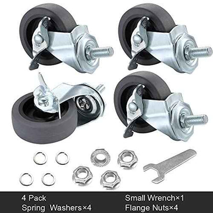 Caster Wheels, 3" Locking Swivel Stem Casters Set with Brake of 16, 3/8"-16 x 1 (Screw Diameter 3/8", Length 1") Rubber Casters with 360 Degree No Noise Wheels