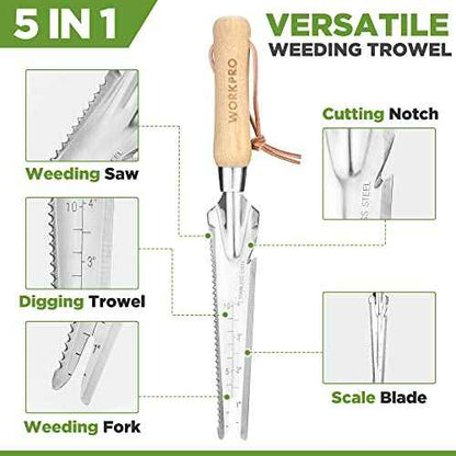WORKPRO Hand Weeder Puller, 5-in-1 Stainless Steel Garden Trowel with Wooden Handle,Gardening Weeding Tool for Easy Weeder Removal, Planting, Weeding, Flower & Vegetable Care in Garden Lawn Yard
