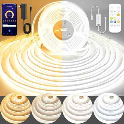 COB LED Strip Light,CCT Dimmable Strips Light,2700K-6500K,24ft/7.5m,8mm Wide,CRI90+ 24V LED Strips Kit with Bluetooth APP Control/Music Mode,for Bedroom,Kitchen,DIY Lighting