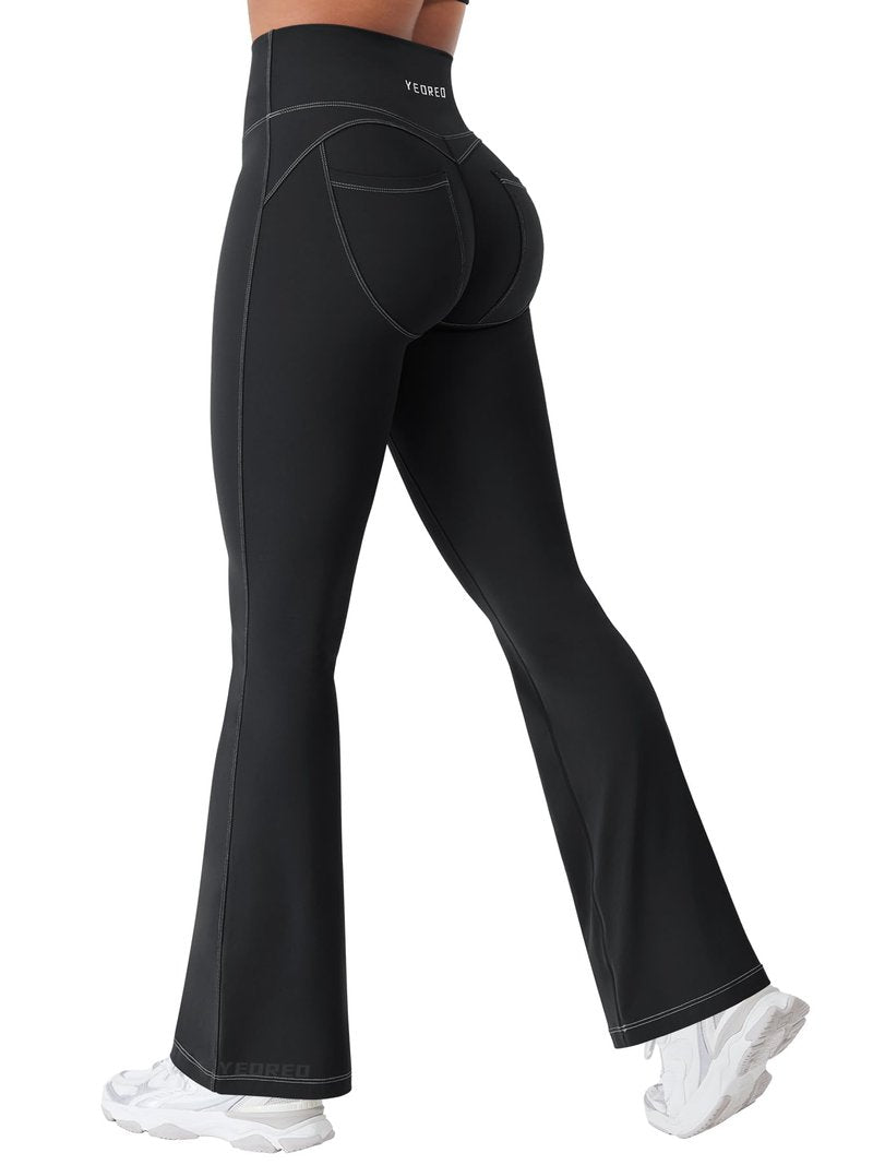 YEOREO CoreFlex Mini Flare Workout Leggings with Pockets for Women Butt Lifting High Waisted Hidden Scrunch Gym Denim Pants Black