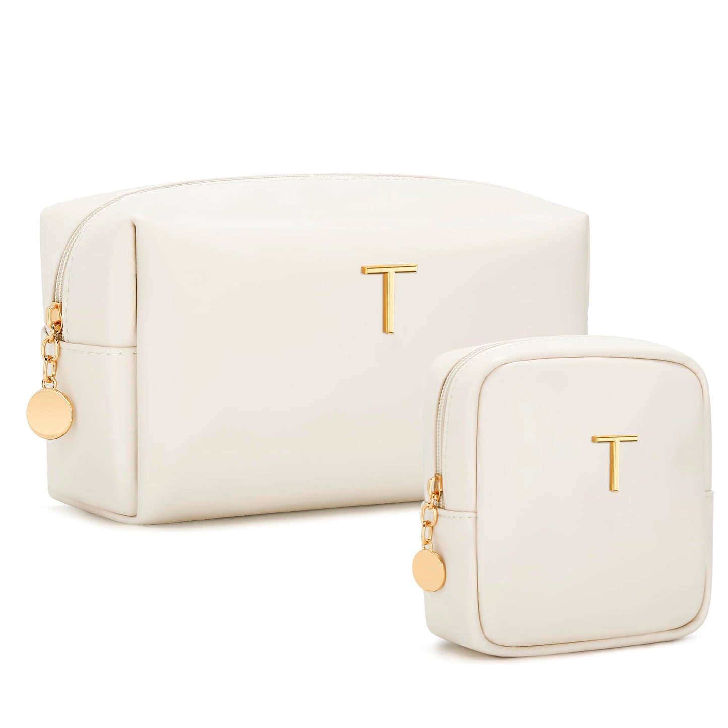 CLOUDWINGS Personalized Birthday Gifts for Women - Initial Makeup Bag Set Travel Toiletry Bag Cosmetic Bags Soft Waterproof PU Leather Makeup Pouch Travel Essentials (T, 2pcs Beige)