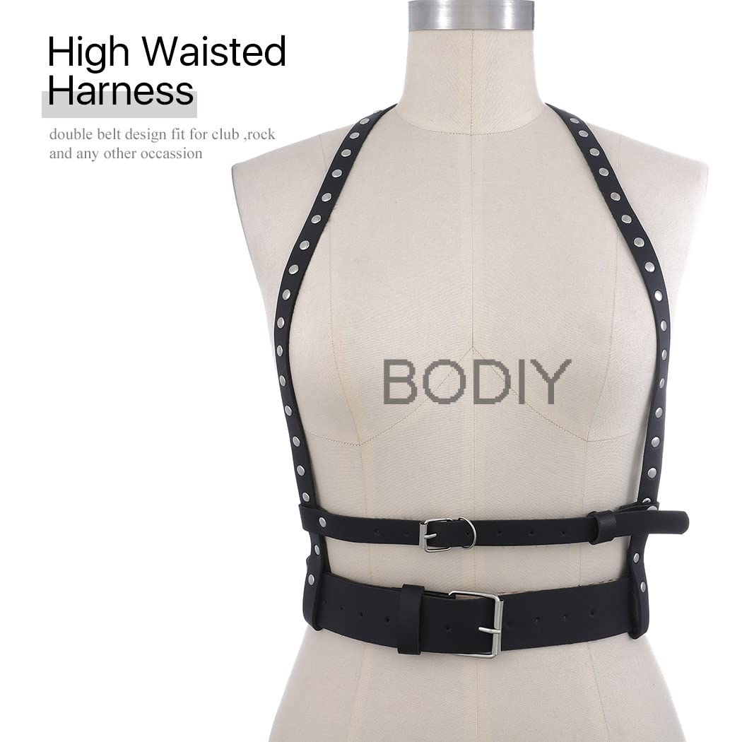 BODIY Punk Women Waist Belt PU Leather Fashion Harness Belts Body Chain Rivet Gothic Halloween Rave Accessory