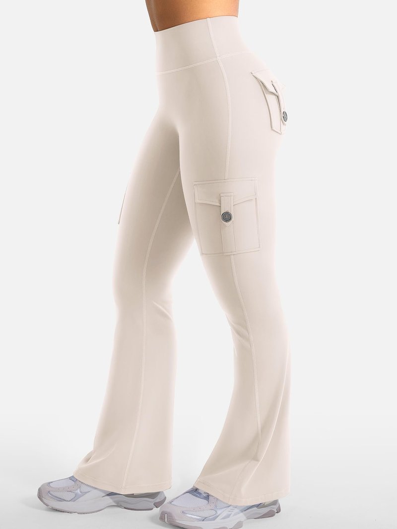 YEOREO CoreFlex Women Workout Flare Leggings with Pockets Hidden Scrunch High Waisted Cargo Gym Yoga No Front Seam Leggings Light Khaki L