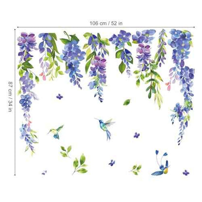 Wondever Spring Blue Purple Flower Hummingbird Hanging Vine Floral Leaf Glass Sticker Decal Anti Collision Double-Side Static Window Decals