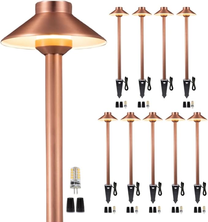 Gardenreet Brass Landscape Lighting Low Voltage, 12V AC/DC Waterproof LED Outdoor Copper Path Lights(Hat) for Sideway Garden with 3W G4 Bulb 2700K(10 Pack)