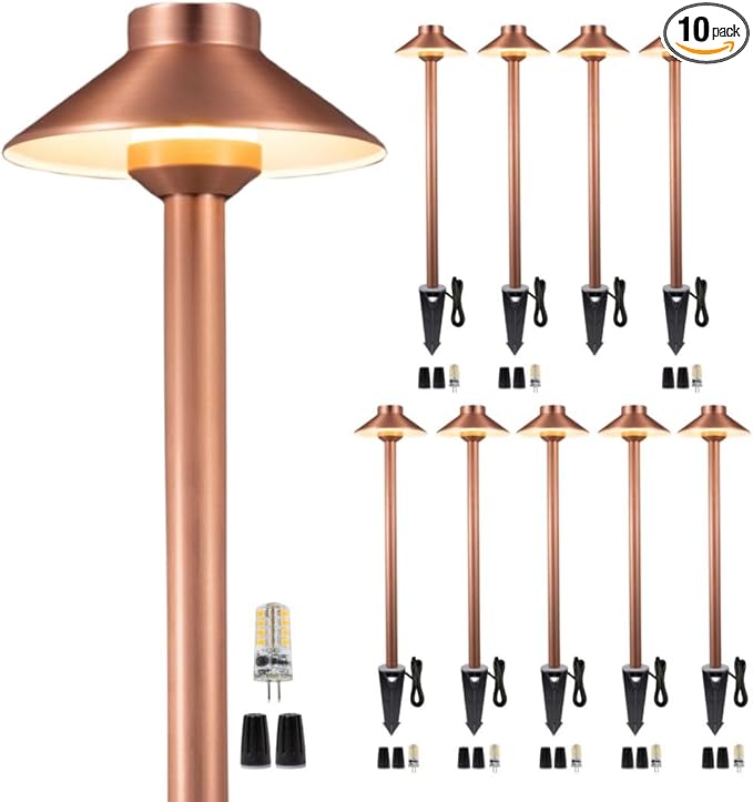 Gardenreet Outdoor Brass Low Voltage Driveway Lights, Copper Electric Waterproof Pathway Lighting, Wired Bronze Hat Top Path Lights for Sideway Garden Patio with 3W 270LM 4000K G4 Bulb 10 Pack