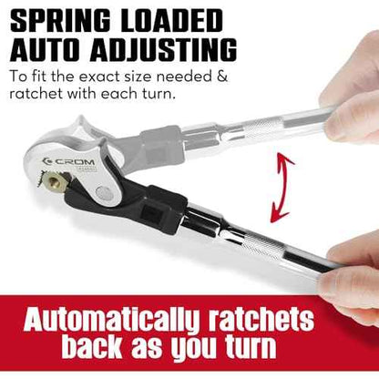CROM Adjustable Crowfoot Wrench Set - Spring Loaded Wrench ? Male & Female Square Drives Work With Ratchet, Breaker Bar, Extension Bar (3 Piece Set (1/4", 3/8", 1/2"))