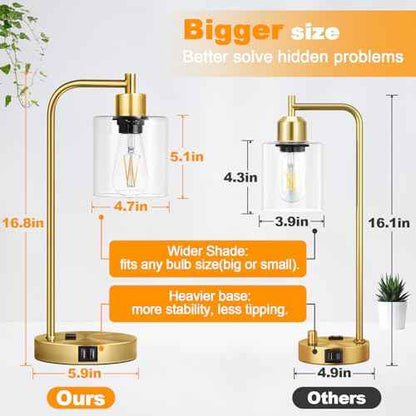 Industrial Touch Table Lamps Set of 2-2 USB Ports & AC Outlet Nightstand Lamps, 3-Way Dimmable Bedside Desk Lamp for Living Room Bedroom, Glass Shade & 2 LED Bulbs Included - Brass