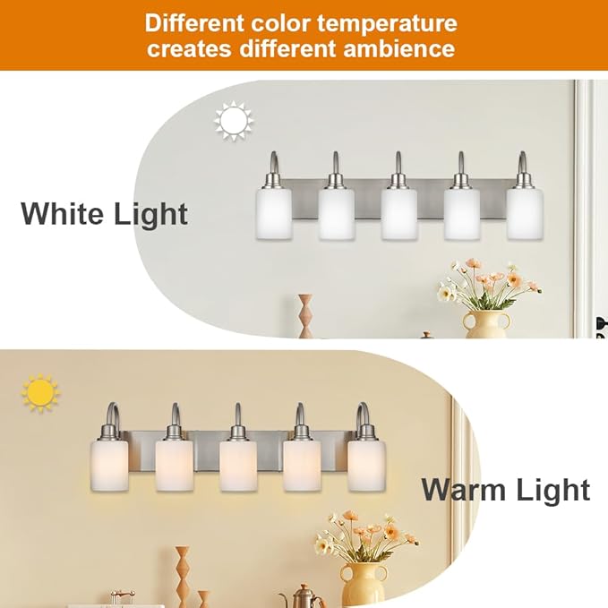 VINLUZ 5 Light Vanity Light,Brushed Nickel Bathroom Lighting Fixture Over Mirror with Opal White Glass Shade Modern Interior Wall Mounted Lights for Hallway Makeup Table