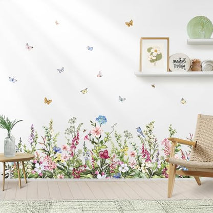 wondever Wildflower Grass Butterflies Wall Corner Stickers Garden Floral Baseboard Skirting Line Peel and Stick Wall Art Decals for Bedroom Living Room Sofa