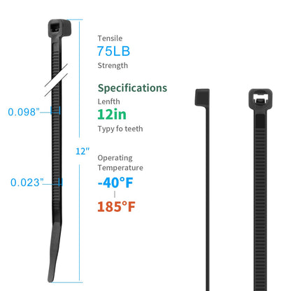 XINGO 12 Inch Black Zip Ties 1200 PCS, 75 LBS Tensile Strength, UV Resistant Cable Ties, Premium Self-locking Plastic Ties for Indoor and Outdoor Use