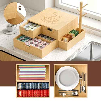 Coffee Pod Drawer, Wooden K Cup Holder with Tree Shape Mug Holder and Side Storage Box, 2-Tier K Pod Drawer Coffee Maker Machine Stand(80 Kcups+60 Tea Bags Capacity)