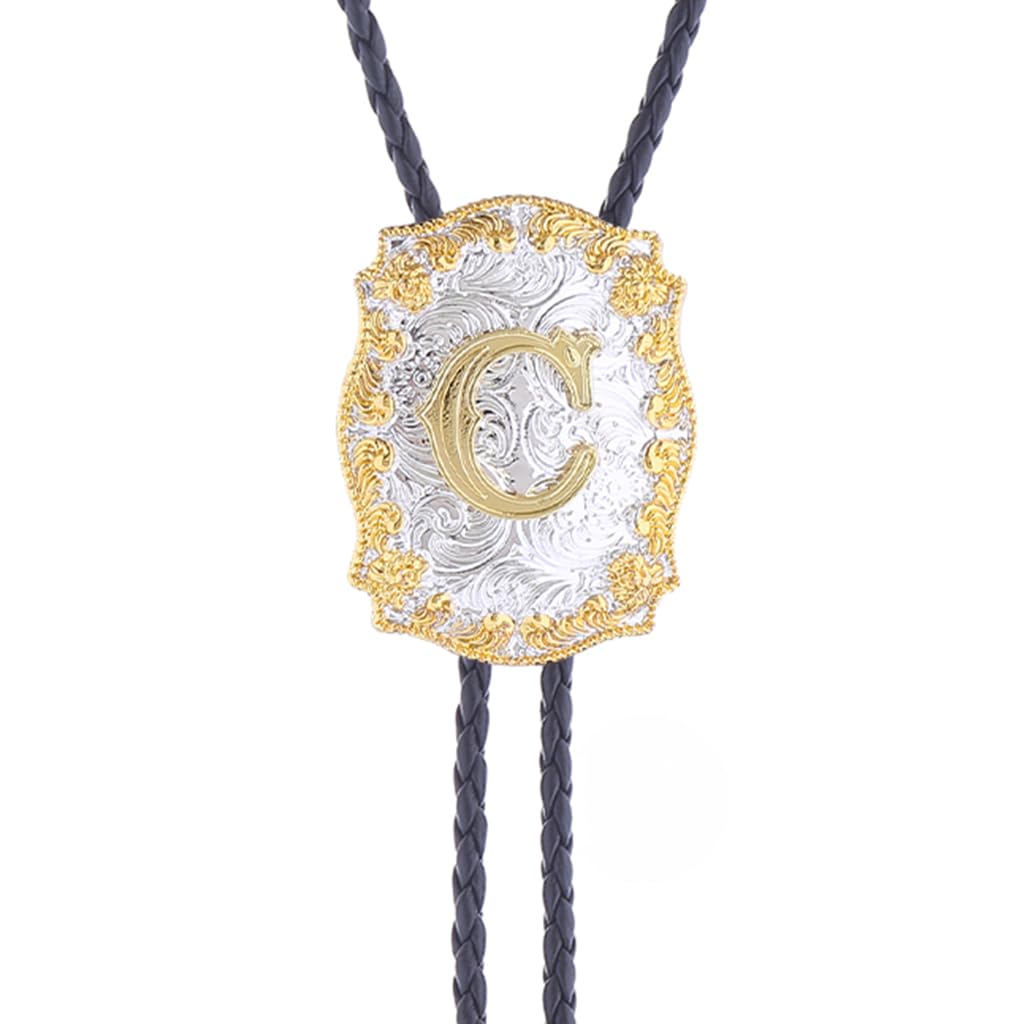 Fibbadet Bolo Tie for Men Initial Letters A-Z Bolo Tie Western Texas Rodeo Cowboy Golden Leather Necktie Necklace Costume Accessories for Husband Wife Halloween Christmas Wedding (C)