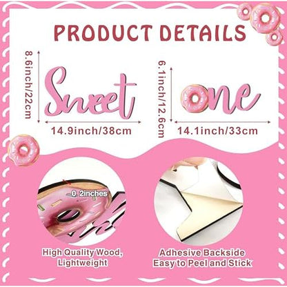 Wooden Sweet One Birthday Sign Decals for Backdrop Baby Girls First Birthday Decorations Donut Birthday Party Supplies for 1 Year Old Girl Sweet First Birthday Party Sign Banner Baby Girls Photo Props