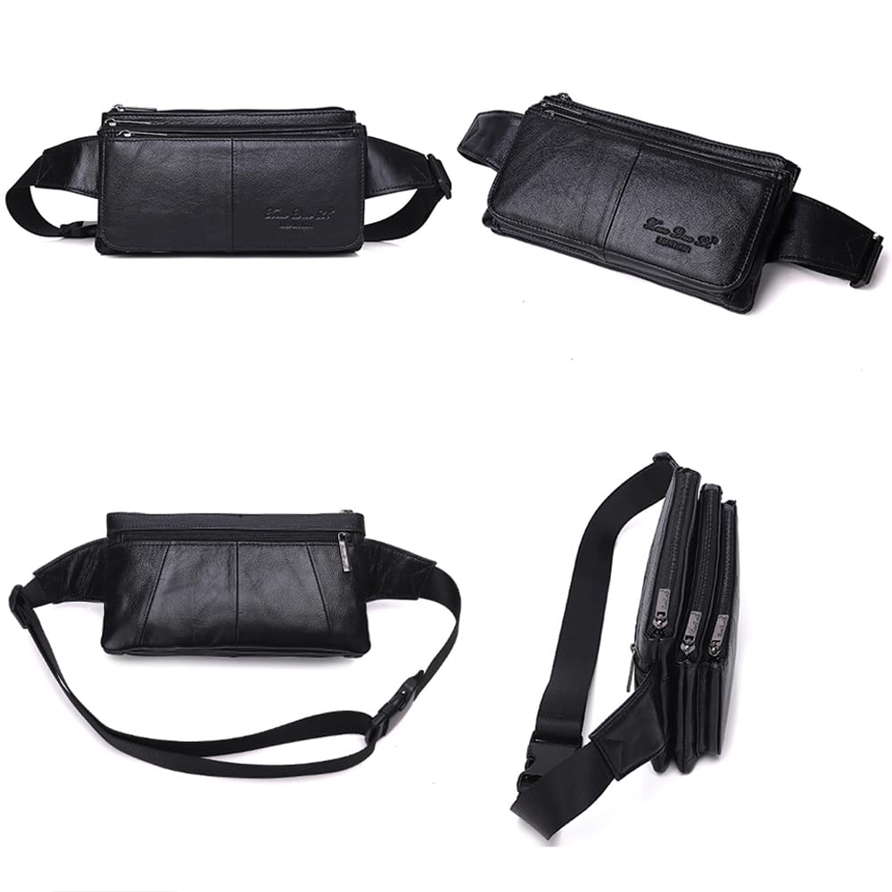 KPYWZER Vintage Leather Fanny Pack Waist Bag for Men Women Outdoor Travel Hunting Hiking Camping Hip Bum Belt Cell Phone Purse Wallet Pouch Retro Crossbody Sling Pouch Black