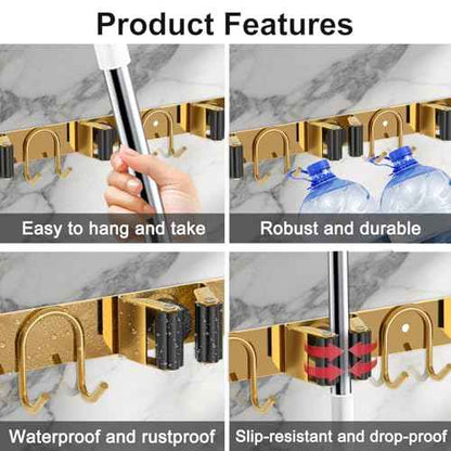 Mop Broom Holder Wall Mount, 2 Packs Gold Stainless Steel Tool Storage Organizer for Kitchen Garden Garage Laundry Room Bathroom and RV with 4 Slots 6 Hooks