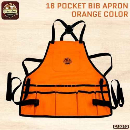 Graintex CA2393 :: Bib Apron 16 Pocket Orange Color Rip-stop Canvas, One Size Fits All