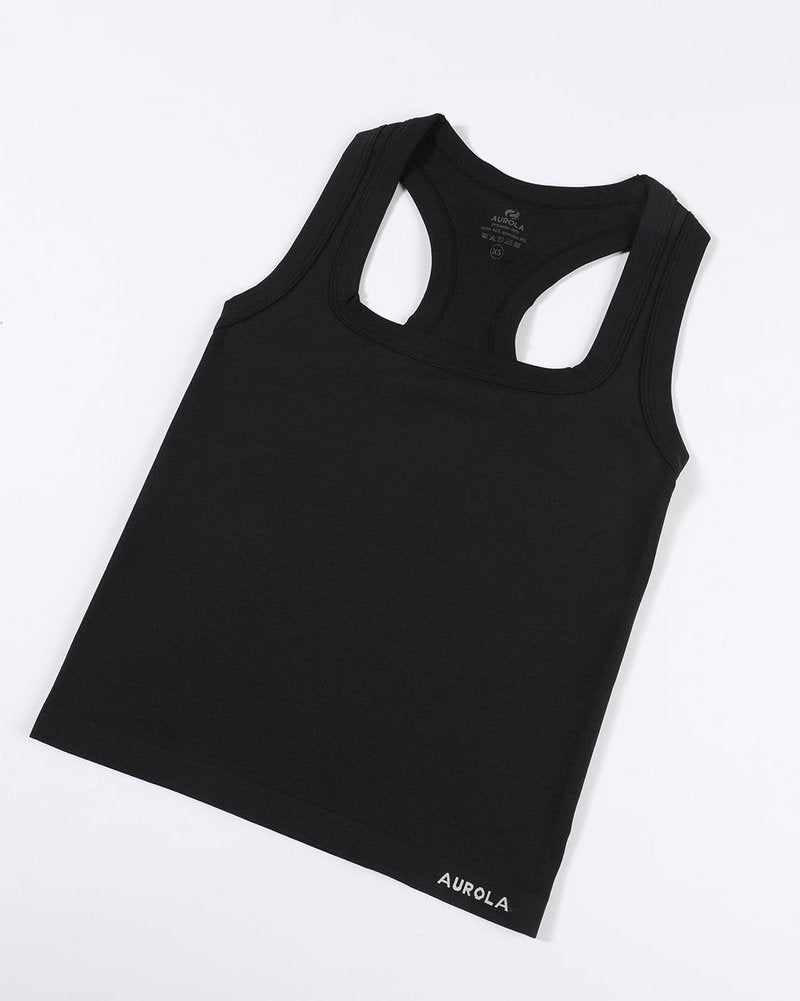 AUROLA Essentials Seamless Sleeveless Raceback Top,Women Subtle Marl Workout Square Neck Fitted Tank,Black,M
