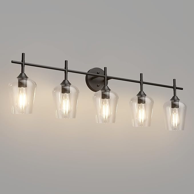 Ralbay Vintage Black Bathroom Vanity Light 5-Lights Industrial Matte Black Finish with Clear Glass Vanity Lights Farmhouse Bathroom Lighting fixtures
