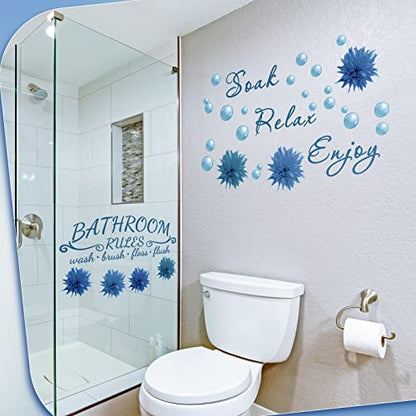 Zonon 2 Pieces Bathroom Wall Decals Sticker Soak Relax Enjoy Toilet Rules Vinyl Quote Wall Decor for Home(Flower Style,Blue)