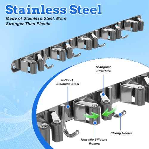 2 Pack Heavy Duty Wall Mount Broom Holder ? Stainless Steel with 5 Racks & 4 Hooks Broom Organizer? Self-Adhesive or Screw Mount Mop Holder for Garage, Laundry, Kitchen ? Silver
