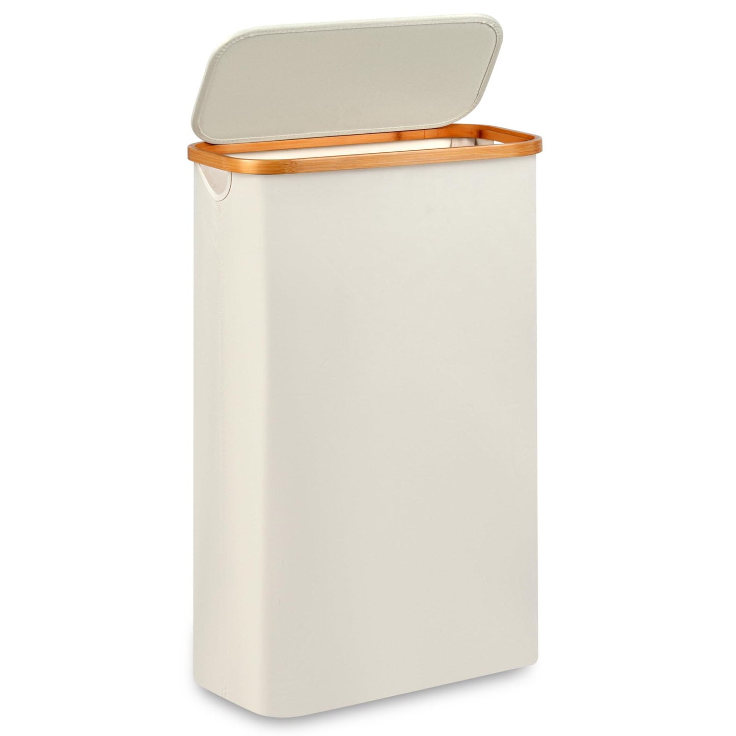 Merkisa Slim Laundry Hamper,Narrow laundry Hamper with Lid,60L Hamper for Laundry,Dirty Cloth Hamper with Bamboo Handle for Towels, Clothes Organizing,Beige