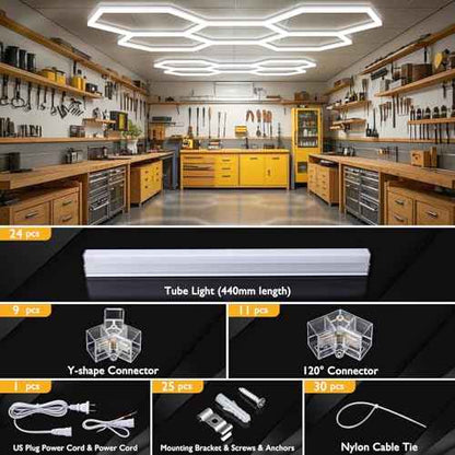 BRILLIHOOD Hexagon Garage Lights, LED Honeycomb Lights Ceiling, 192W, 23040LM, 6500K Super Bright, 5 Grid Systems Car Detailing Light for Garage Warehouse Workshop Basement Gym
