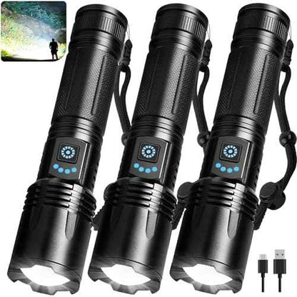 3 Pack Rechargeable Flashlights High Lumens, 99,000 Lumens Super Bright LED Flashlight for Home Camping, Handheld Flash Light Waterproof Flashlight with 5 Modes & Adjustable Function