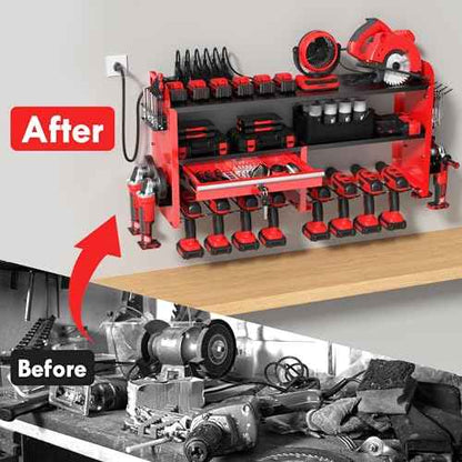 KSVO Power Tool Organizer Wall Mount with Drill Rack, Grinder Holder, Hammer & Pliers Rack, Locking Drawers, 6-Outlet Charging Shelf ? Heavy Duty Metal Tool Storage for Garage, Workshop (Red)