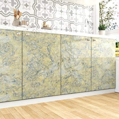 WESTICK Glossy Gold Marble Contact Paper for Countertops 15.8"x80" Yellow Marble Vinyl Wallpaper Peel and Stick Waterproof Granite Countertop Contact Paper for Tables Dresser Bathroom Sink Cabinets