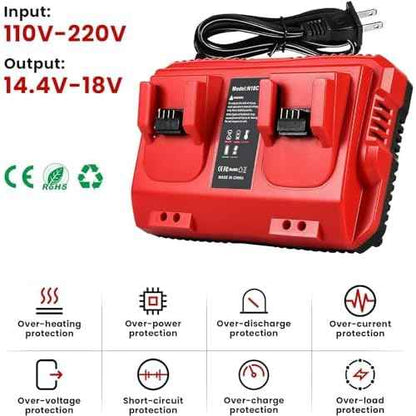 Fast Charger Replacement for Milwaukee M18 Battery Charger Station ? Dual Slot Charging Base Compatible with 18V Lithium-Ion Batteries, 48-11-1830, 48-11-1850, 48-11-1860, Smart LED Indicator