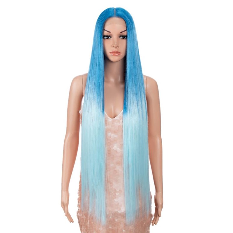 Style Icon 38" Super Long Straight Wigs 6" Deeper Middle Part Lace Lace Front Wigs Ombre Blue Color Synthetic Wig (38", GT BLUE/BLUE5)