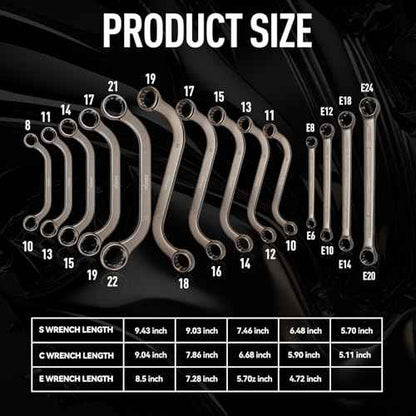 DISEN 14-Piece Half Moon&S-Style & E-Torx Wrench Set, CR-V, Wrench 5-Piece Half Moon Box Set Metric 8mm to 22mm,4-Piece E-Torx E6-E24,5-Piece S-Style Box 10-19mm,12 Point, EVA Foam Tool Organizer