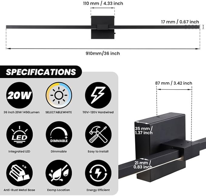 URSOLA Black Bathroom Light Fixtures, 36 inch Modern LED Vanity Lighting Over Mirror, 3CCT Dimmable Wall Sconces for Bedroom