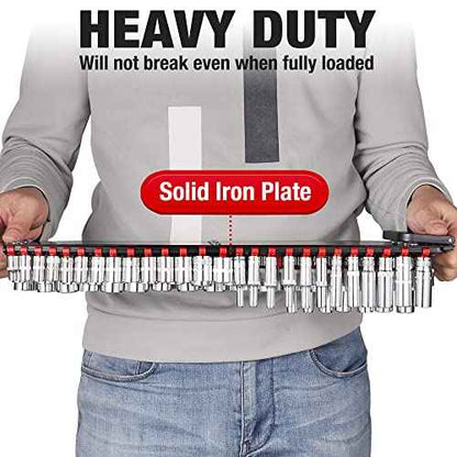 ALOANES 160-Piece Portable Socket Organizer Steel Tray, Heavy Duty Socket Holders with Handle, Socket Rack, 1/4-Inch x52 Clips, 3/8-Inch x 60 Clips, 1/2-Inch x 48 Clips, 2Packs Set (Blue&Red)