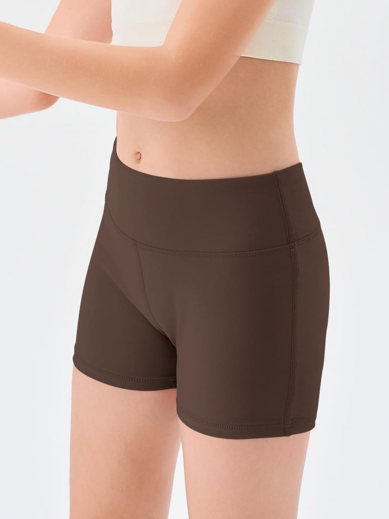 Haloumoning Girls Athletic Shorts Kids High Waisted Yoga Dance Biker Shorts Comfy Gymnastics Shorts 5-14Y Coffee