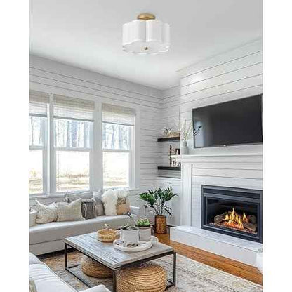 Gold Semi Flush Mount Ceiling Light, 3-Light 12.5" Ceiling Lighting Fixtures with Fabric Shade in Flower Shape, Farmhouse Brass Drum Lights for Nursery Hallway Bedroom, AD-22007-3SF-GD