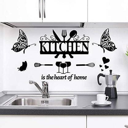 Large Kitchen Wall Decals Dining Room Quotes Wall Stickers The Kitchen is The Heart of Home Sign Decor Word Saying Lettering Wall Decals Butterfly Coffee Cup Sticker for Family Home Restaurant Decor