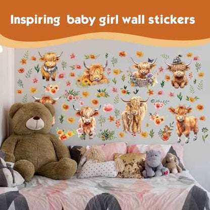 Yinder 12 Sheet 78 Pcs Highland Cow Wall Decals Baby Wall Decals Highland Cow Sticker Cute Nursery Baby Decor for Kids Girls Boys Room Bedroom