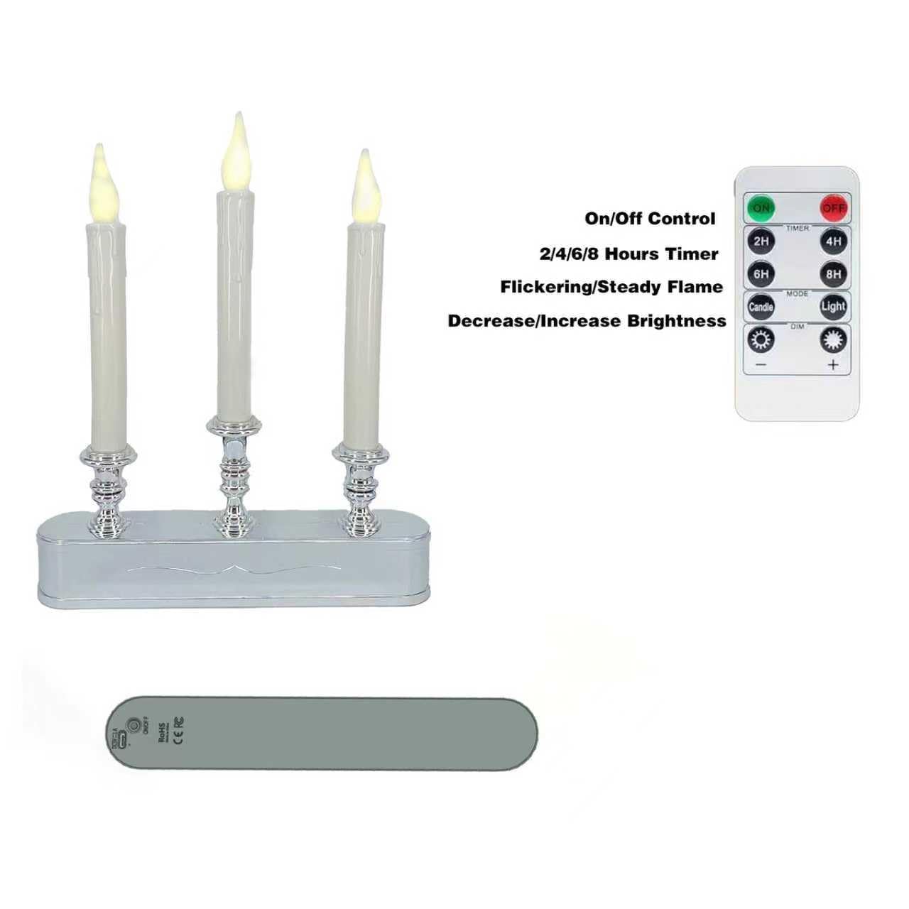 FGDECORJOIE Rechargeable Window Candles with Timer Battery Operated Flicker Flame Silver Antique 3 Tier LED Window Candelabra 11.5 Inch Hight for Christmas New Year Festival