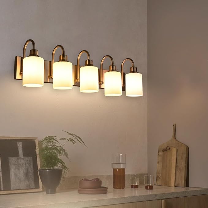 VINLUZ 5 Light Vanity Light,Brushed Nickel Bathroom Lighting Fixture Over Mirror with Opal White Glass Shade Modern Interior Wall Mounted Lights for Hallway Makeup Table