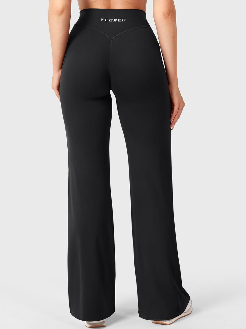 YEOREO Ease Workout Leggings with Pockets for Women No Front Seam Straight Leggings High Waist Wide Leg Yoga Pants 31.5" Black S