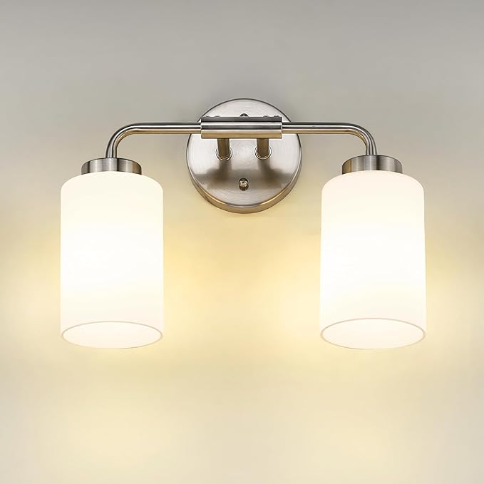 zeyu 2-Light Bathroom Light Fixtures Over Mirror, Modern Wall Sconces for Bathroom, Milky White Glass Shade, Brushed Nickel Finish, ZS62B-2W BN