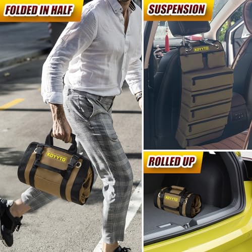 Premium Tool Roll up Bag - Heavy Duty Small Tool Bag Organizer and Storage with W/Detachable Pouches,Waterproof Oxford Cloth,Suitable for Motorcycle,Truck,Electrician,Mechanics etc,Brown