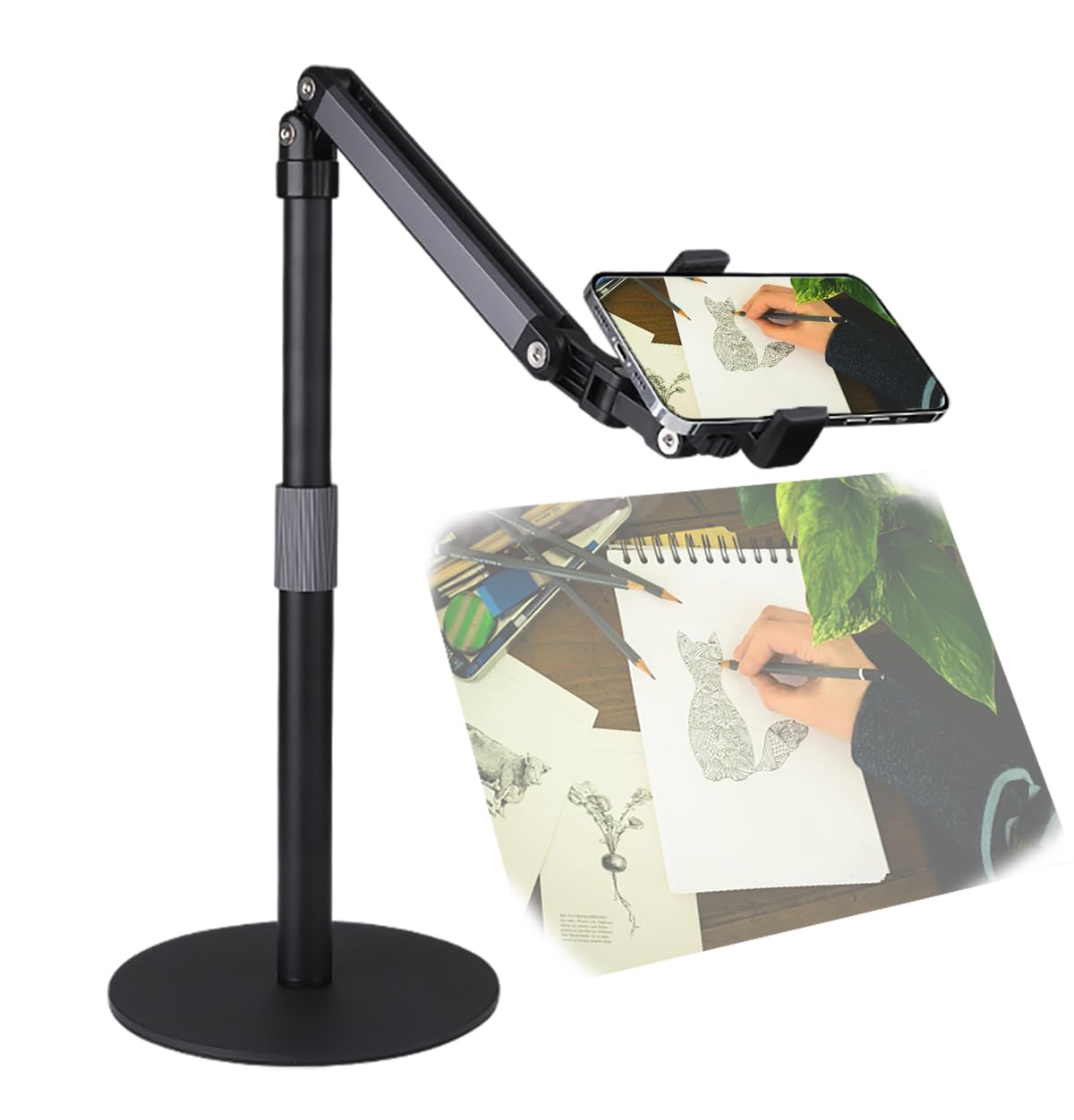 Hocoder Heavy Duty Overhead Phone Stand for Desk Video Recording for iPhone Holder, with Extension Arm, 360° Swivel, for Filming, Meeting, Cooking, Painting and Crafting