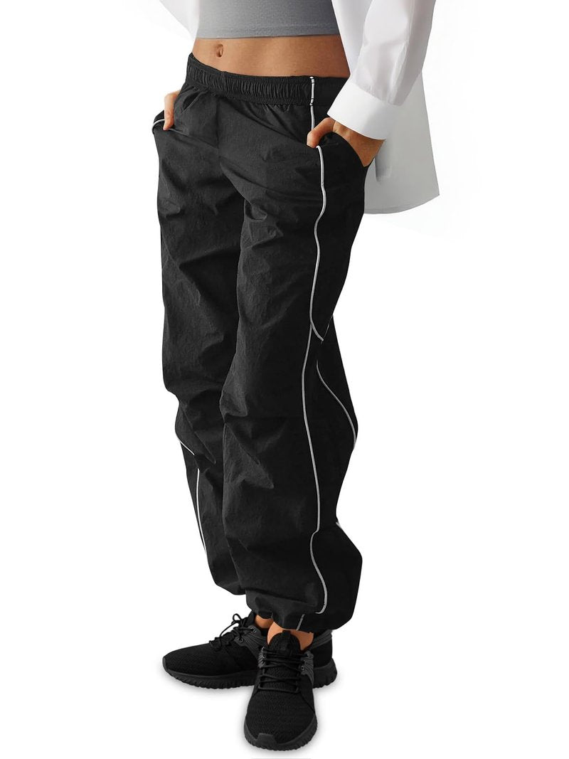 Yousify Womens Baggy Parachute Pants Wide Leg Elastic Waisted Contrast Track Pants Y2K Hiking Jogger Sweatpants with Pockets Black