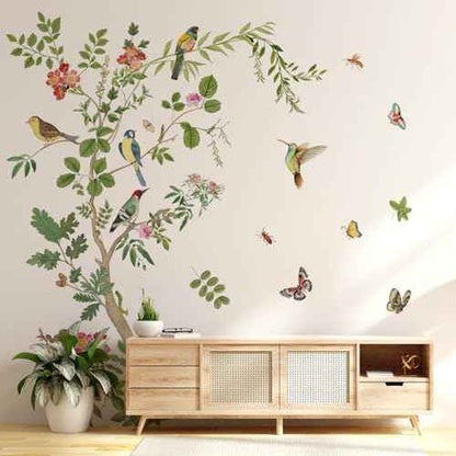 Tree Wall Stickers Branch Bird Wall Decals Green Leaves Flowers Birds Wall Stickers DIY Peel and Stick Waterproof Wall Murals Decor for Living Room Nursery Bedroom (Retro Tree)