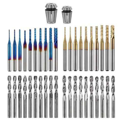 LUNYEE 40pcs End Mills CNC Router Bits with ER11, ER16 Collet, 1/8" Shank CNC Cutter Milling Carving Bit Set Including 2-Flute Flat Nose & Ball Nose, Nano Blue Coat & Titanium Coat Bits