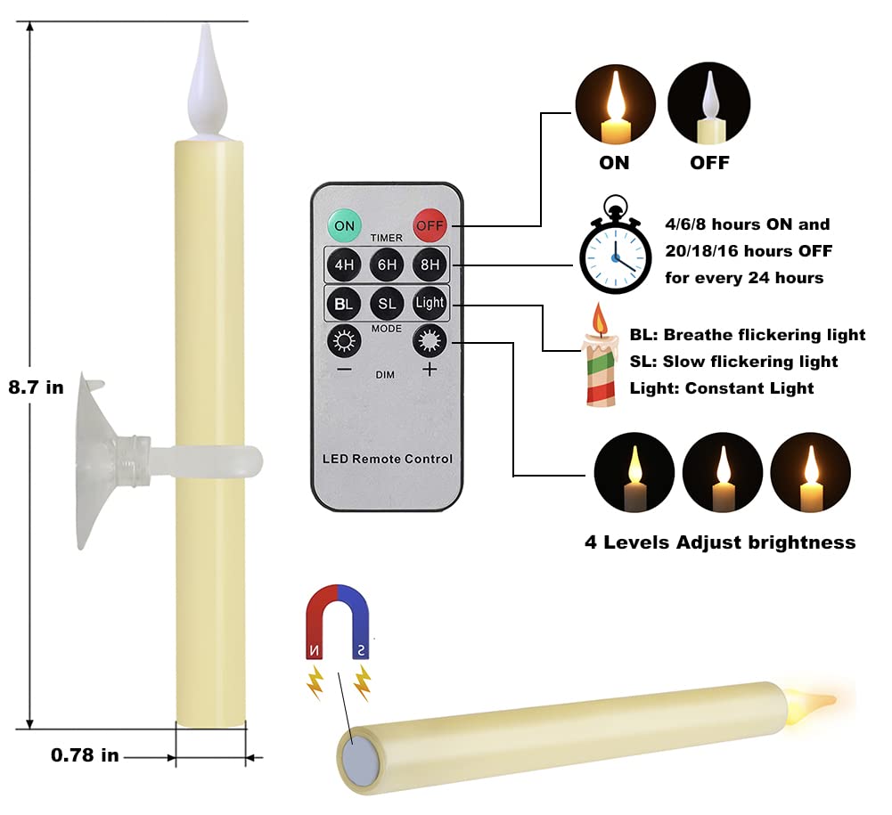 ShareMoon Window Candles Flickering Battery Operated with Remote and Timer, 6 Pack Electric Flameless Taper Candles with Magnetic Base for Christmas Halloween Dinner Wedding Party Decoration